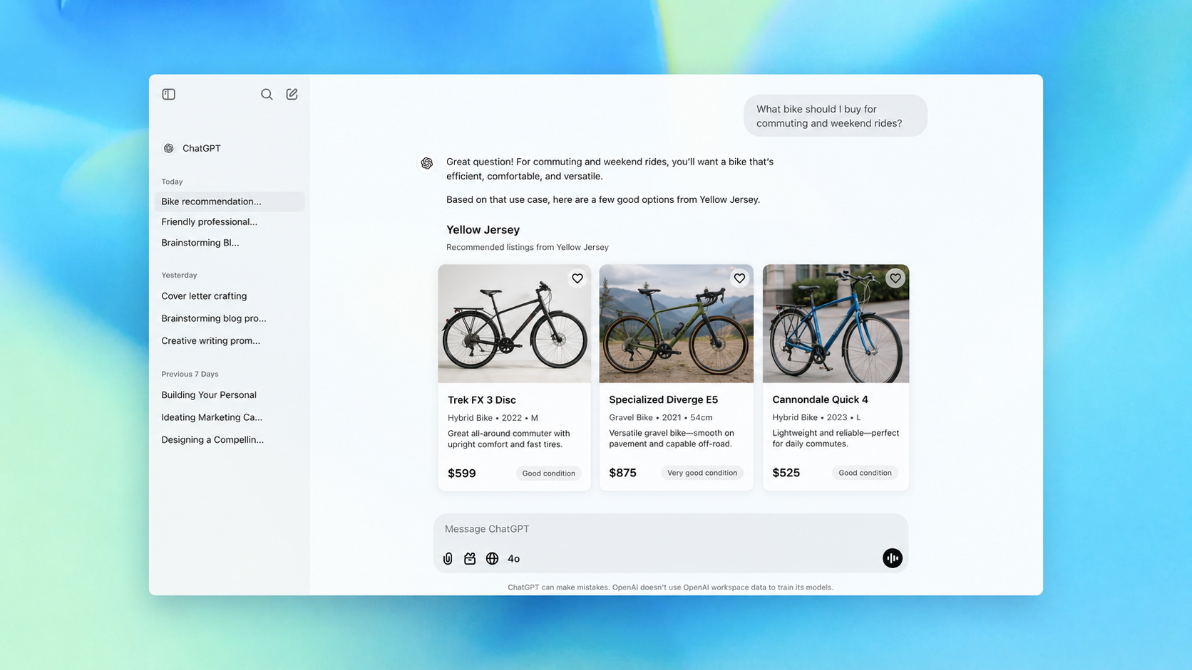 ChatGPT recommending Yellow Jersey bike listings